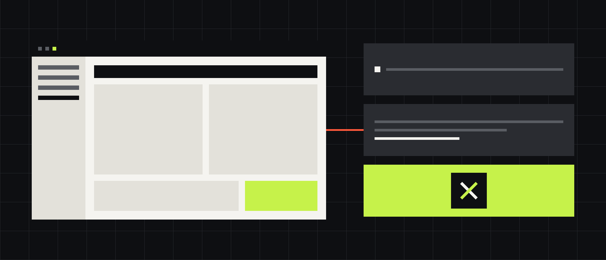 Illustration of an app screen on the left, connected by a line to a stack of server and data panels on the right, ending in the SAMX X mark.